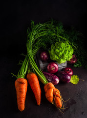 Variety of fresh garden vegetables including carrots with tops, eggplants, romanesco cabbage on dark background