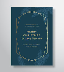 Merry Christmas Abstract Vector Greeting Card, Poster or Holiday Background. Classy Blue and Gold Colors and Typography. Soft Shadows and Sketch Fir-needles with Strobile.