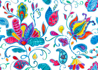 Hand drawn flower seamless pattern (tile). Colorful seamless pattern with rainbow whimsical flowers, paisley. Watercolor seamless pattern for textile. Isolated objects on a white background
