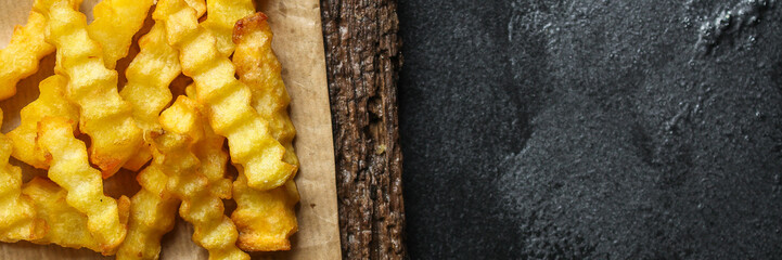 french fries and sauce (delicious snack, fast food, deep fried potatoes) menu concept. food background. copy space. Top view