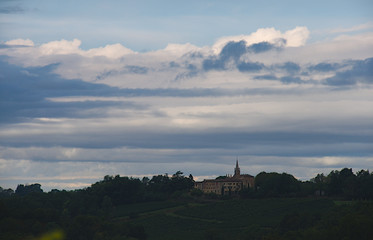 Threatening grey clouds on countryside