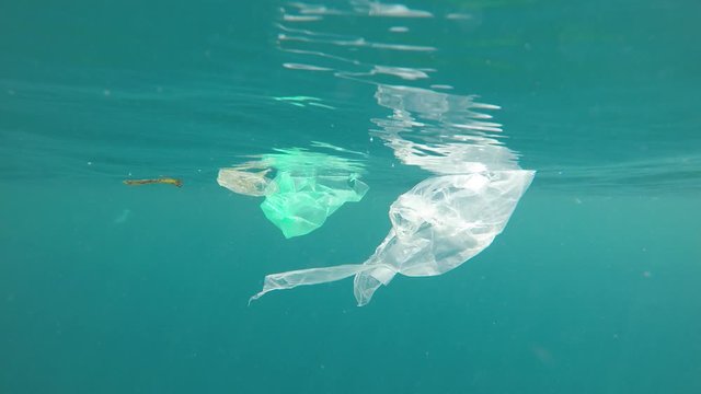 Plastic bags, straws and cups pollution underwater in sea 