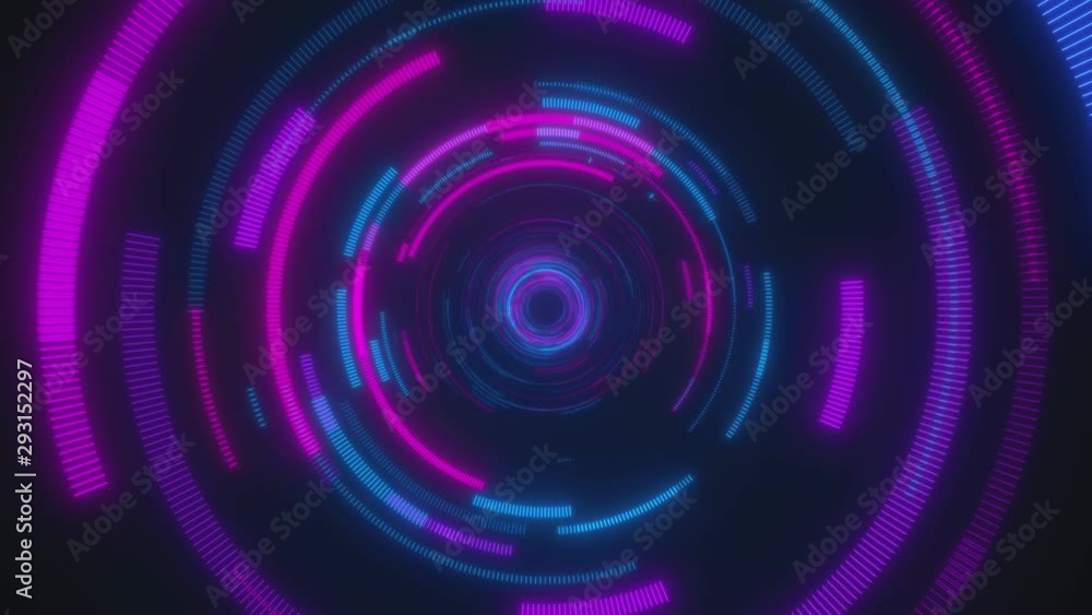 Poster looped animation. abstract background with moving through bright circles in red and blue color. mode