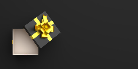Opened gift box with gold ribbon in the studio lighting, copy space text, flat lay. Design creative concept for black friday sale event. 3D rendering illustration.