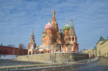 Cathedral of the Intercession of the blessed virgin Mary, on the Moat (St. Basil's Cathedral) and the Spasskaya tower of the Moscow Kremlin. Moscow, Russia