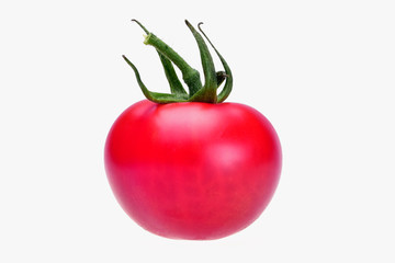 Futuristic pink cherry tomato with a green handle on a neutral white background