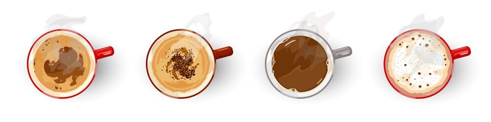 Different types of tasty coffee, assortment americano, cappuccino, espresso, flat white, irish, latte, long black, macchiato, mochaccino, vienna Top view Vector cartoon set isolated on white
