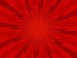 Retro comic rays red dots background. Focus. Vector illustration in pop art retro style