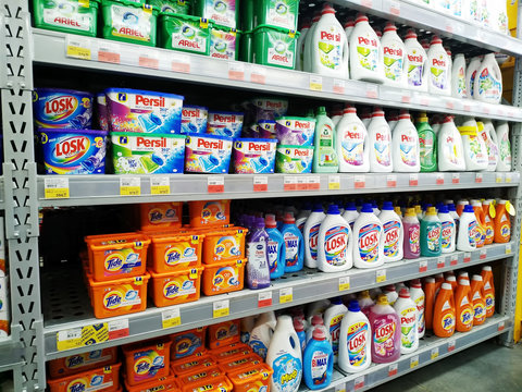 KEMEROVO, RUSSIA, FEBRUARY 14, 2019. Shelves with various household chemicals for laundry in a hypermarket Lenta
