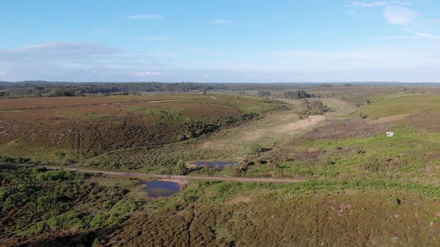 An aerial forward footage of the New Forest with trees, heartland and trail path under a majestic blue sky and some white clouds