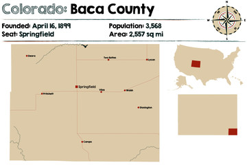 Large and detailed map of Baca county in Colorado, USA - obrazy, fototapety, plakaty