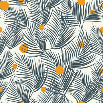 Palm leaves seamless orange round white background © berry2046