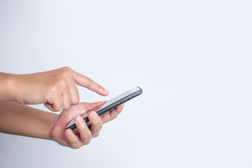 Close up, Side view, Asian people use a smartphone. Isolated white background.