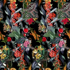 Nahtloser floraler Hintergrund Schal Kunst abstraktes Design Textil. nahtloses schönes künstlerisches helles tropisches muster mit exotischem wald. Buntes Stoff-Blumenmuster. Schöne Vintage Blumen © hellodesignen