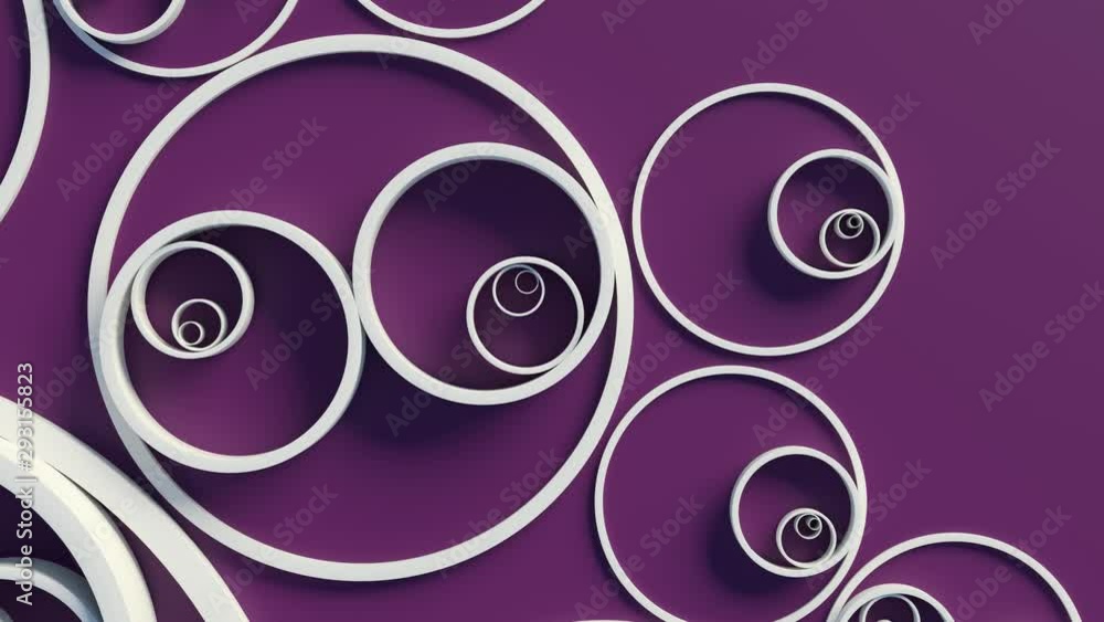 Poster purple 3d render background with circles that form ornament pattern. simple shapes with bright light