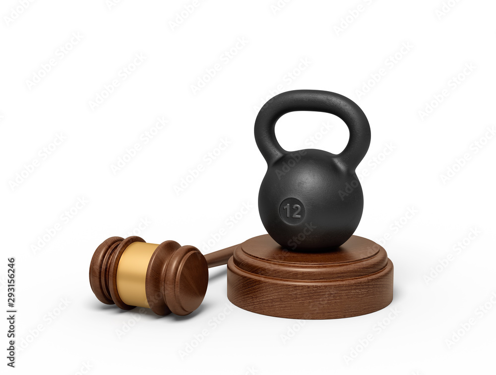 Poster 3d rendering of black kettlebell standing on sounding block with judge gavel lying beside.