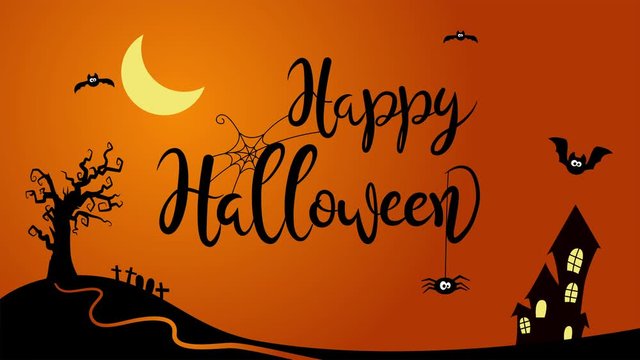 Happy Halloween animated text in a cartoon style background with bats, tree, house and spider. 