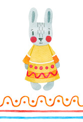Scandinavian rabbit hand painted watercolor card.