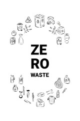 Vector logo design template concept zero waste with icons in trendy hand drawn style. recycling and reuse, reduction-ecological lifestyle and sustainable development.