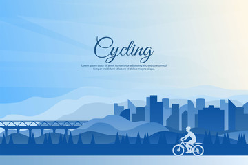 Vector landscape. A cyclist rides through the city. Flat style. Blue wallpapers. Silhouette of a guy on a bike. Cycling through the park. Buildings. Template with free space for text. Polygonal sky