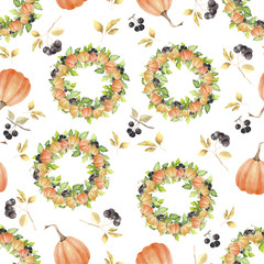 Seamless pattern with pumpkin wreaths and black berries.Watercolor vector