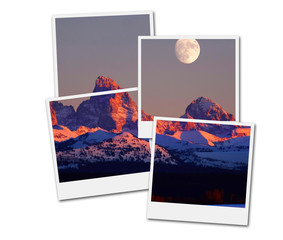Film Frames Polaroid Sunset Light Alpen Glow on Tetons Teton Mountains wtih Moon Rising