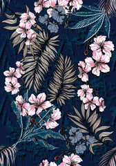 Naadloze bloemen achtergrond sjaal kunst abstract ontwerp textiel. naadloos mooi artistiek helder tropisch patroon met exotisch bos. Kleurrijke stof bloemenpatroon. Prachtige vintage bloemen