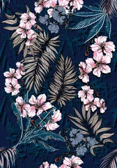 Papier Peint photo Blue nuit Fond floral sans couture écharpe art abstrait design textile. beau motif tropical lumineux artistique sans couture avec forêt exotique. Motif de fleurs en tissu coloré. Beau millésime fleuri