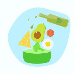 Fototapeta premium Ketogenic diet Salad with popular products for keto diet. Avocado, egg, broccoli, olive oil, tomato, cheese in salad plate. Vector illustration.
