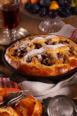 Fresh sweet fruit cake sprinkled with powdered sugar and cinnamon