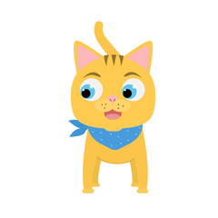 Funny happy red cat on white background. Little smiling kitten with scarf. Vector flat illustration for print.