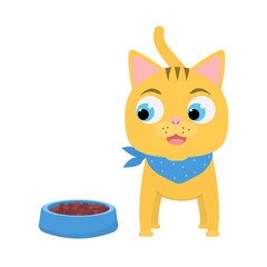 Funny cat eating. Cartoon little kitten with pet food in the bowl. Isolated vector illustration.