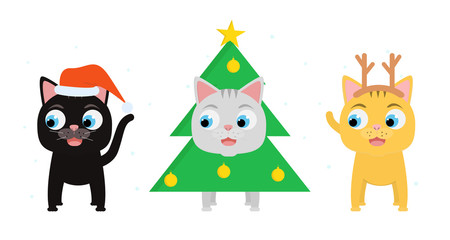 Set of smiling kittens dress up in christmas costume of Santa, x-mas tree and Christmas deer. Christmas and New year apparel collection for cats. Funny vector cartoon flat illustration.