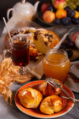 Fresh sweet fruit cake sprinkled with powdered sugar and cinnamon
