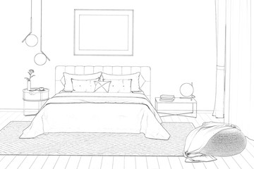 3d illustration. Sketch of the cozy bedroom with painting, a nightstand, a pouf, and a plaid. Front view