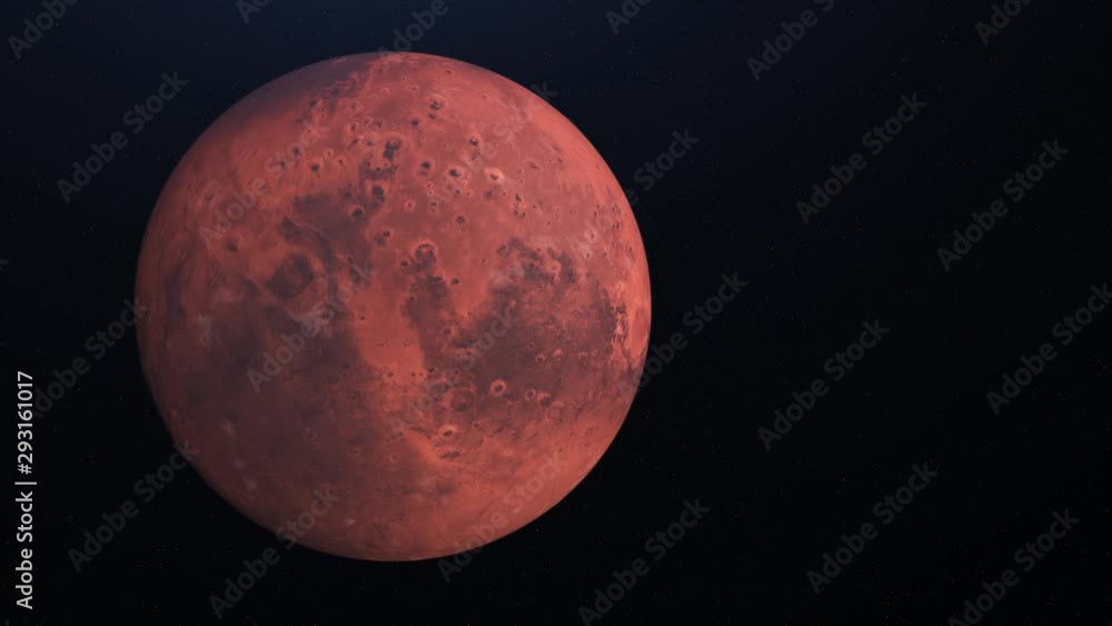 Poster abstract realistic beautiful planet mars on deep space background. animation. flight over the mars, 