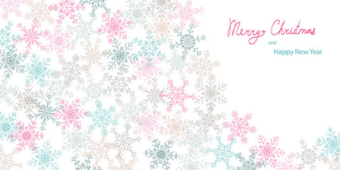 Isolated on transparent background vector Merry Christmas and Happy New Year greeting card template with snowflakes in pink, blue, grey, dark green and brown colors and lettering and place for message