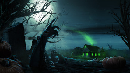 Zombie Hand Rising Out Of A Grave. Halloween background with zombies