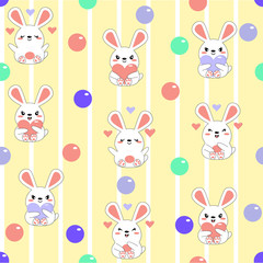 Baby seamless pattern. Kawaii hare and rabbit with hearts and balls on a yellow background with white stripes. Cute cute cartoon animals for wallpaper, brown paper and fabric.