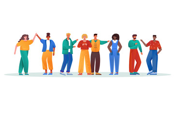 Multinational group flat vector illustration. Multicultural couples and friendship. Men and women together. Social diversity. Multiracial people isolated cartoon characters on white background