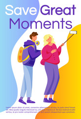 Save great moments brochure template. Taking selfie with phone. Flyer, booklet, leaflet concept with flat illustrations. Vector page cartoon layout for magazine. advertising invitation with text space