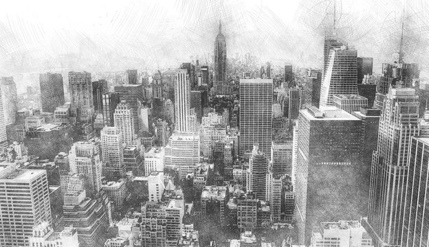 Realistic drawing of a big city with a graphite pencil style 