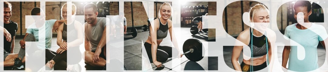 Collage of a smiling woman and friends at the gym