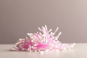 Cotton bud on white background, plastic cotton swabs