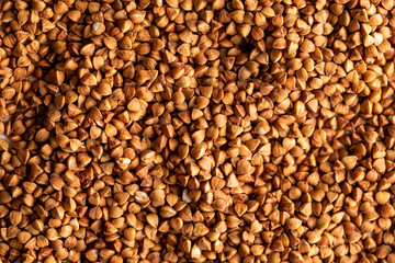 Buckwheat background, texture, the rump. Roasted buckwheat. Useful properties of buckwheat. Garnish.
