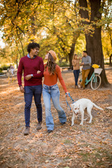 Fototapeta premium Multiracial couple walking with dog in autumn park