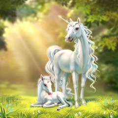 unicorn mom with a foal, on the background of the forest © Antracit