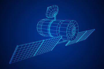 Space station communications satellite. Wireframe low poly mesh vector illustration.