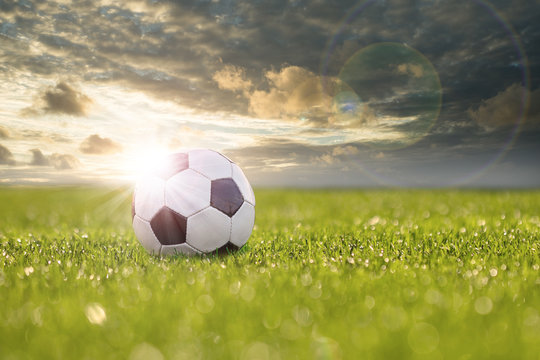 Lederball liegt bei D&auml;mmerung im Gras