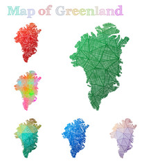 Hand-drawn map of Greenland. Colorful country shape. Sketchy Greenland maps collection. Vector illustration.